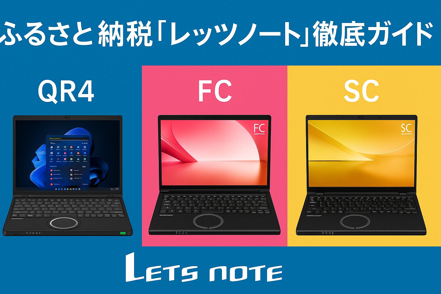 ふるさと納税のレッツノート徹底ガイド。QR4・FC・SCの3シリーズを横並びで比較した2025年版アイキャッチ画像。軽量モバイルPCの選び方をまとめたガイド用ビジュアル。