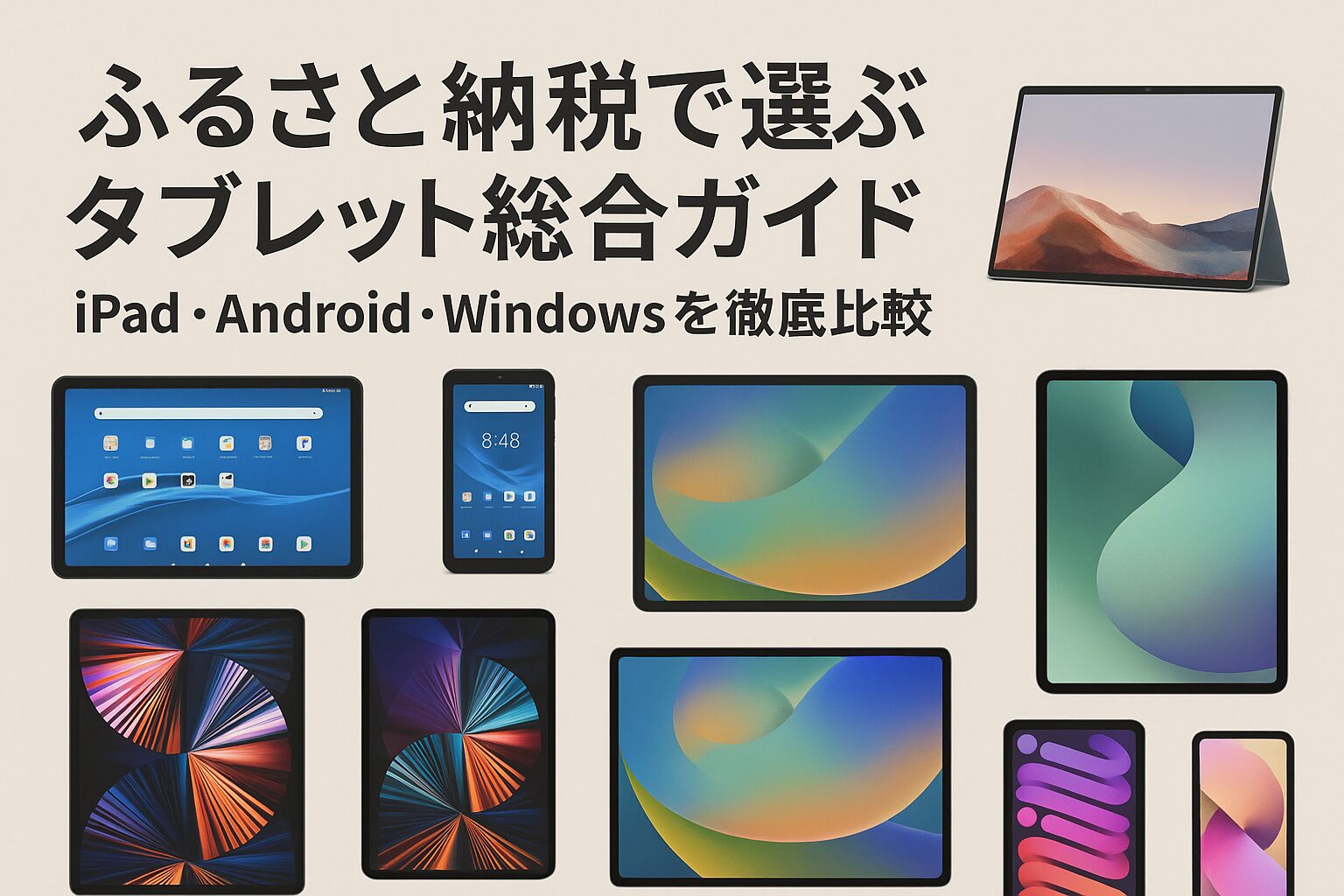 ふるさと納税で選べるタブレットの比較ガイド。iPad、Androidタブレット、Windowsタブレットを横並びで紹介した画像