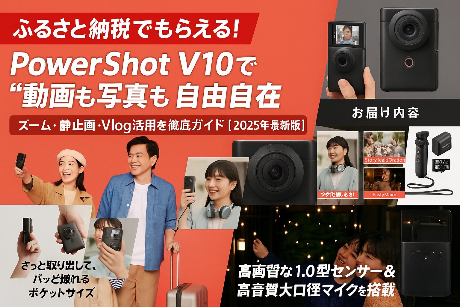 PowerShot V10の特徴を紹介するふるさと納税向けアイキャッチ画像（コンパクト・高画質・多機能を強調）