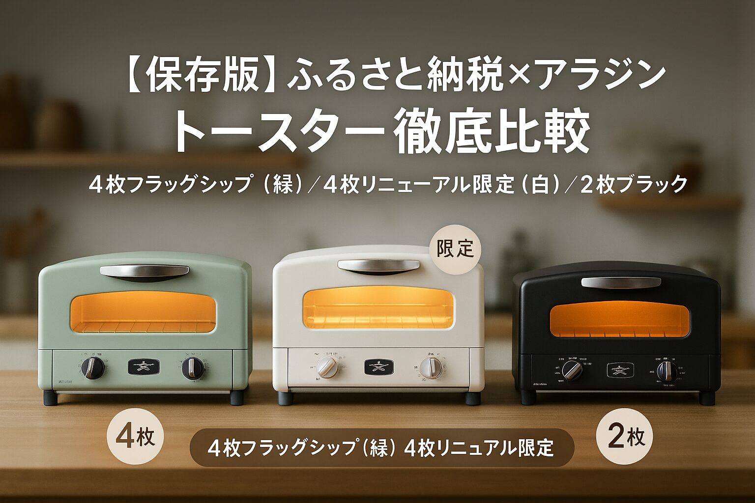 ふるさと納税のアラジン・トースター3機種を横並び比較（4枚フラッグシップ緑・4枚ホワイト限定・2枚ブラック）—到着時期と還元率解説記事のアイキャッチ