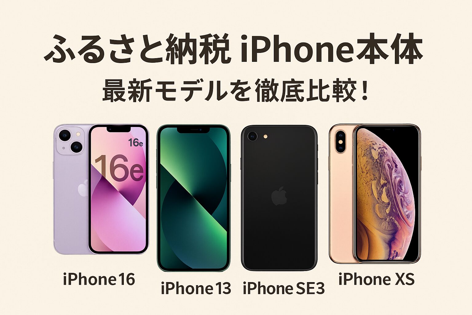 ふるさと納税で申し込めるiPhone本体の比較画像。iPhone16e、iPhone13、iPhone SE3、iPhoneXSなど2025年の主要ラインナップを並べたイメージ。