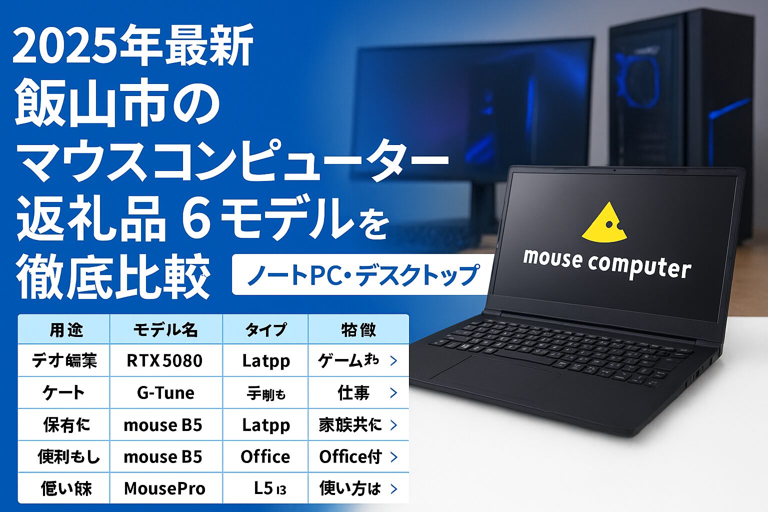 2025年最新の飯山市マウスコンピューター返礼品6モデルを比較するアイキャッチ画像（ノートPCとデスクトップの写真付き）