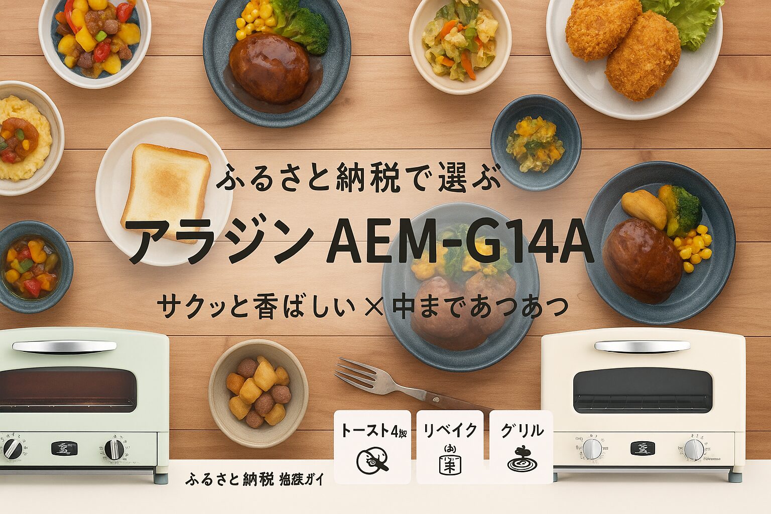 アラジン AEM-G14Aで調理した料理が並ぶテーブルの俯瞰アイキャッチ（グラファイト オーブンレンジのイメージ）