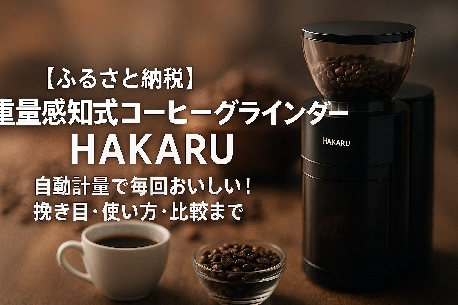 キッチンに置かれた重量感知式コーヒーグラインダーHAKARU。自動計量で最大60g、無段階挽き目に対応する大阪府東大阪市のふるさと納税返礼品