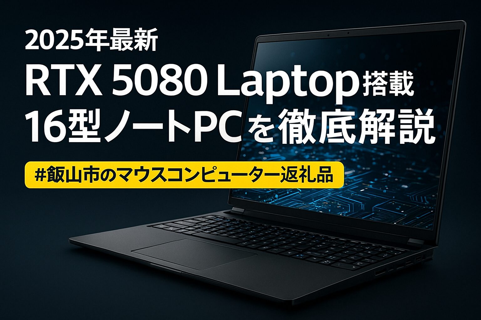 RTX 5080 Laptop搭載16型ノートPCを徹底解説する記事のアイキャッチ画像。飯山市のマウスコンピューター返礼品を紹介するデザイン。