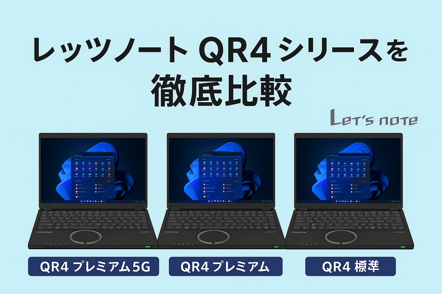 レッツノートQR4シリーズの比較画像。QR4プレミアム5G、QR4プレミアム、QR4標準の3モデルを横並びで紹介した2025年版ガイド用アイキャッチ。