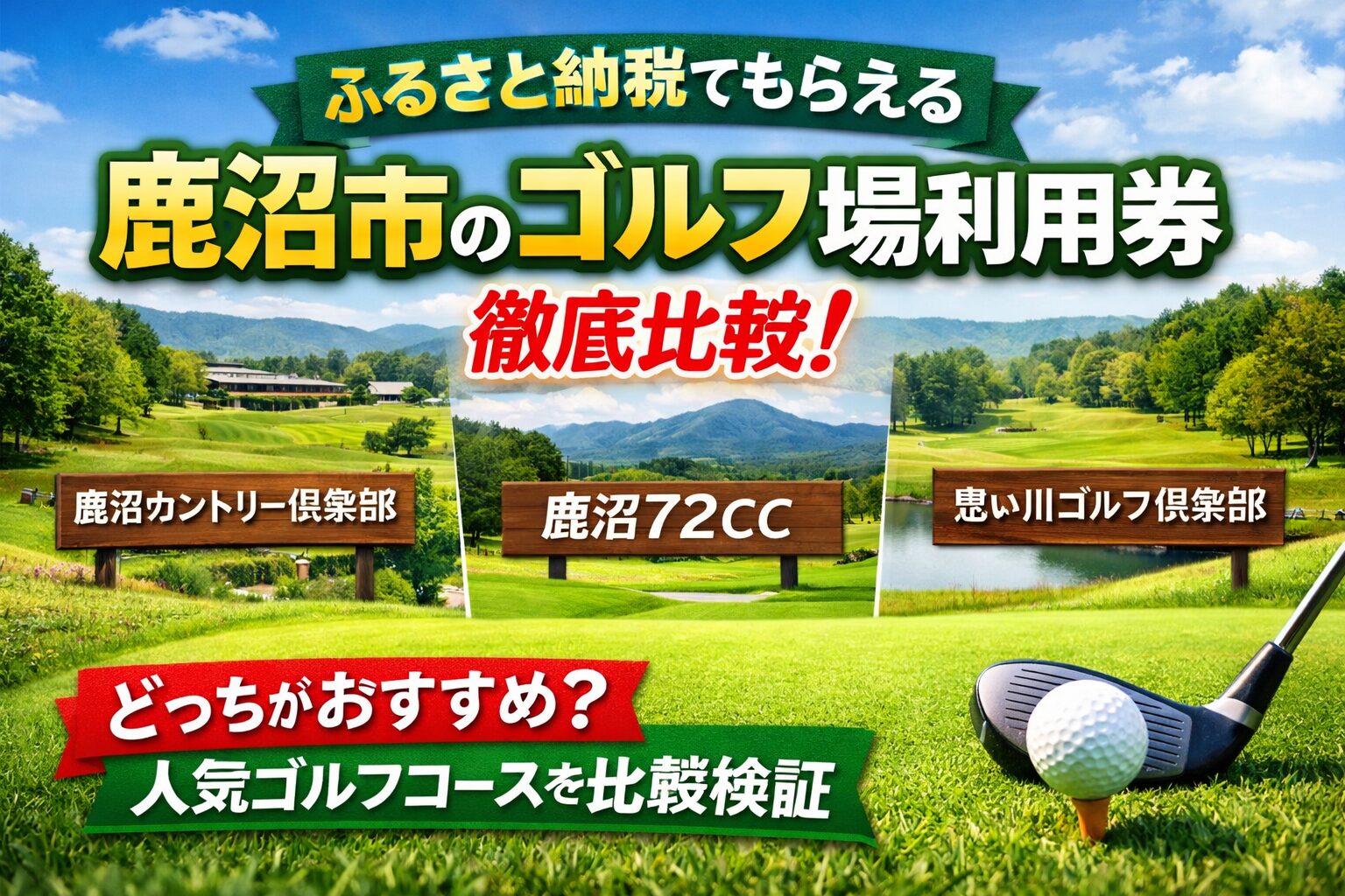 鹿沼市のゴルフ場利用券｜ふるさと納税で選べる鹿沼カントリー倶楽部・鹿沼72CC・思い川ゴルフ倶楽部の比較イメージ