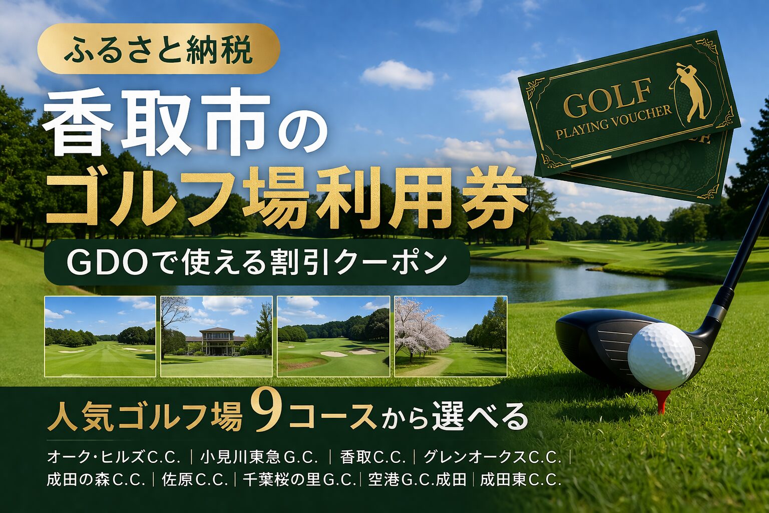 香取市のゴルフ場利用券｜ふるさと納税で使えるGDOクーポンと人気9コースの比較イメージ