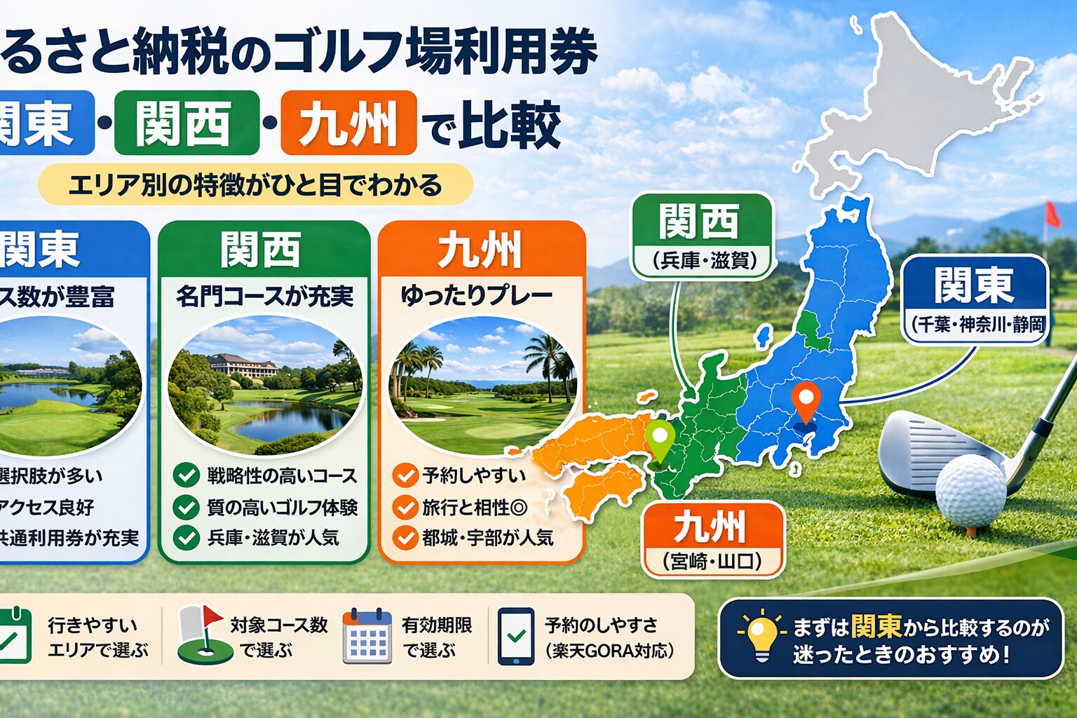 ふるさと納税のゴルフ場利用券を関東 関西 九州で比較するイメージ